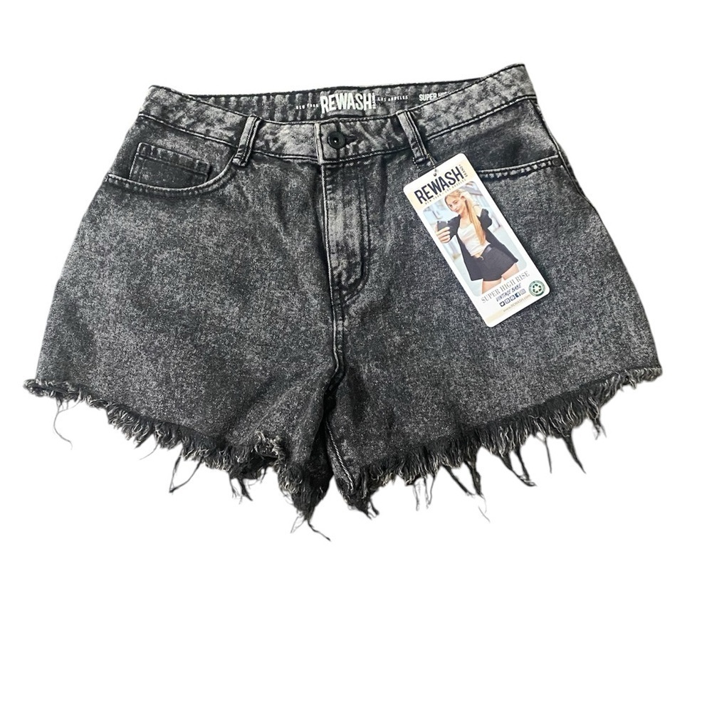 Rewash Black Acid-Wash High-Rise Frayed Denim Jean Shorts